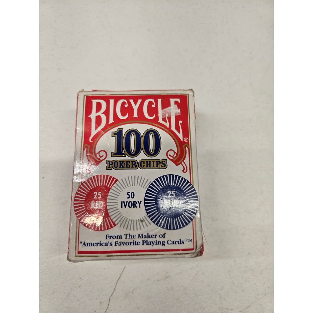 Bicycle 100 Poker Chips Set Red Ivory Blue Casino Game Night PC2-100